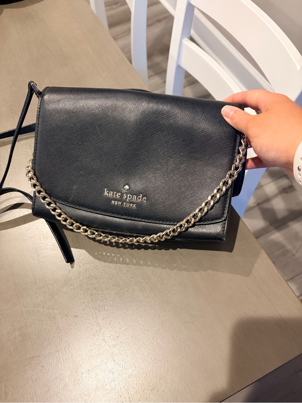 kate spade black leather crossbody with gold chain